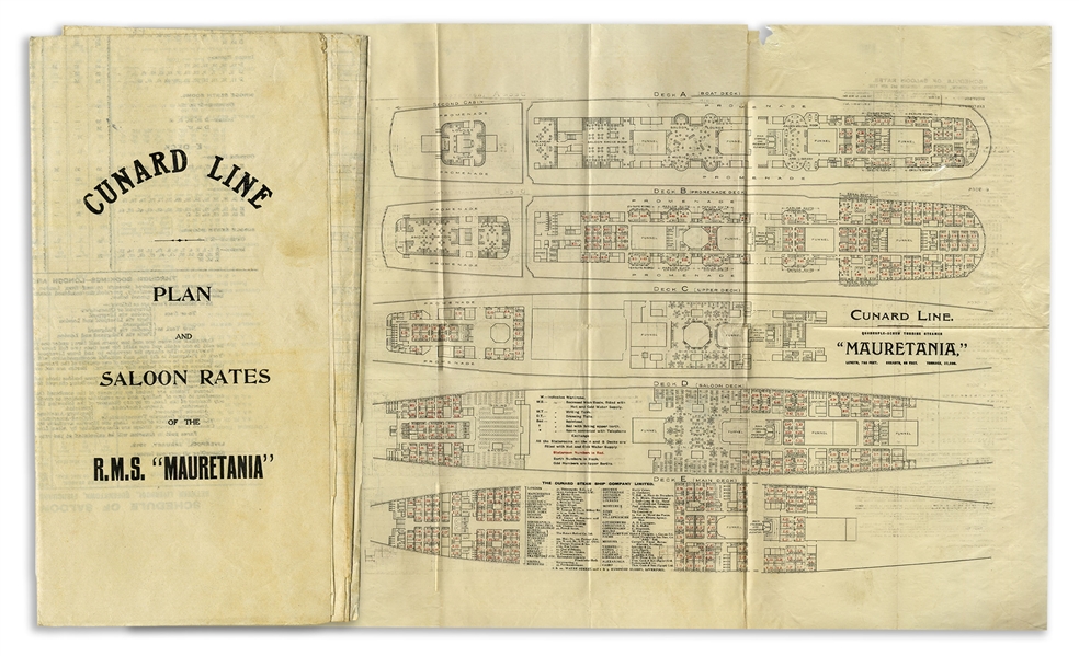 Cunard Line's RMS Mauretania Deck Plans & Rates From 1912 -- One of the Famed 19th Century Ocean Liners